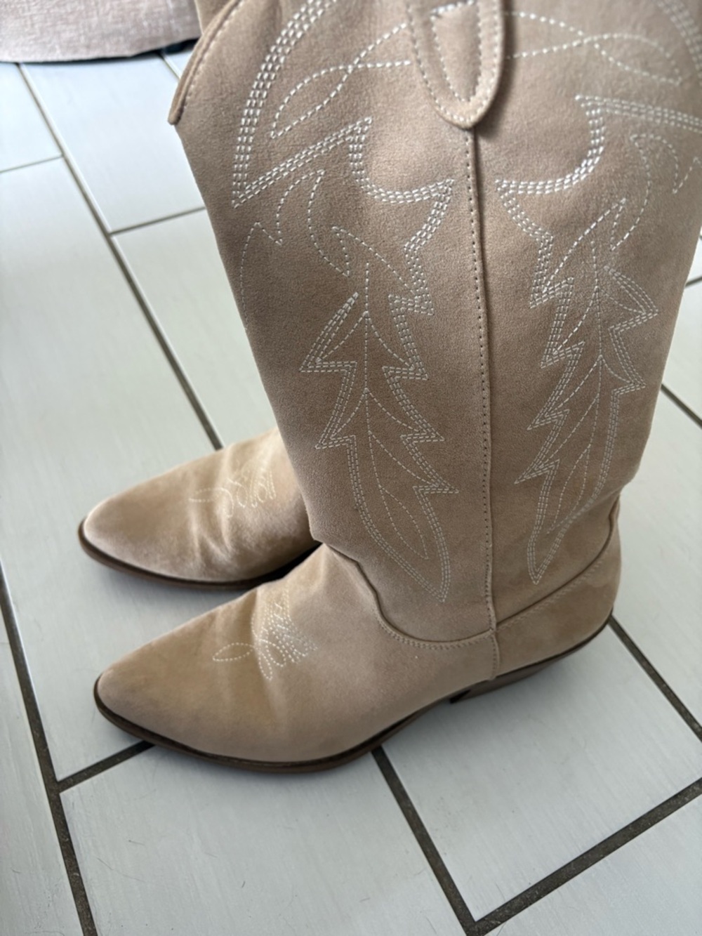 Beige Suede Western Cowboy Boots - Women's Stylish Knee Boot